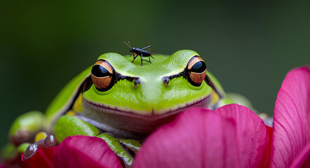 A vibrant green tree frog sits on a pink flower with a small black cricket on its head. The bright colors and sharp contrast create a visually striking image