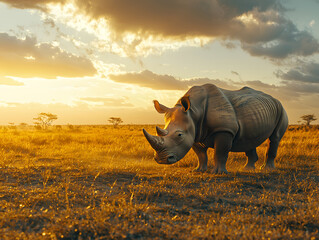 Fototapeta premium A serene scene of a rhinoceros walking slowly across an African savanna