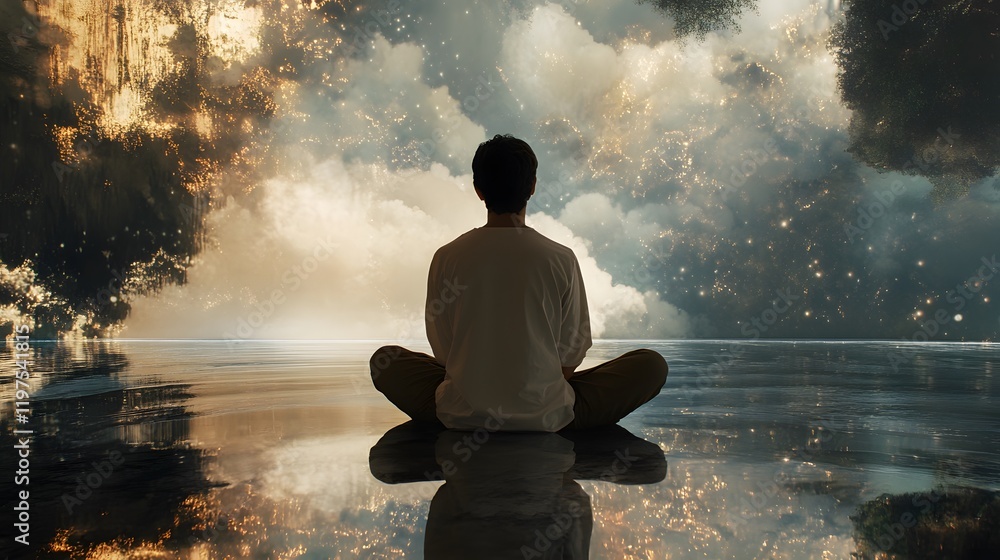 Poster serene individual meditating in an ethereal landscape with dreamlike clouds and sparkling reflection