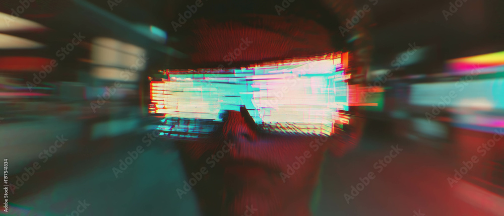 Poster glitch effect overlay transforming shapes and colors in a digital space with distorted visuals