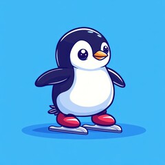 Obraz premium Cute penguin ice skating, winter fun, blue background, children's book illustration