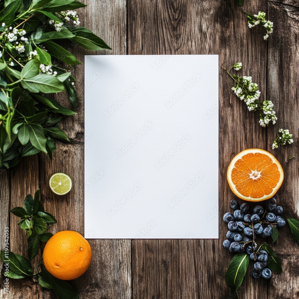 Aufkleber fresh fruits and greenery surround empty space for text on rustic wooden table during daylight. gene