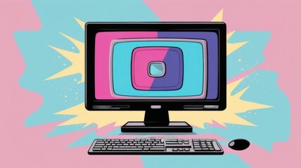 A computer monitor with a square on it and a keyboard and mouse