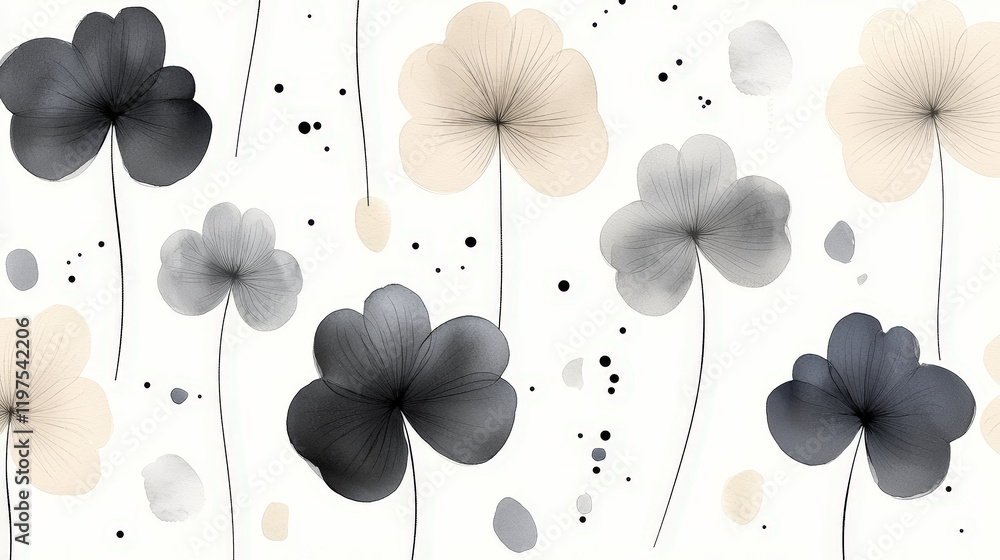 Poster floral pattern featuring black and beige flowers on a light background with abstract shapes