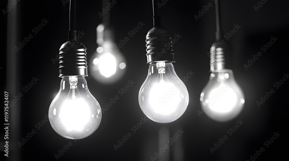 Poster elegant black and white image of hanging light bulbs creating a cozy and modern atmosphere with soft