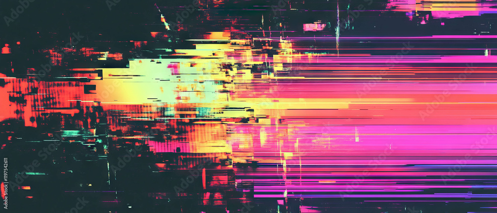 Poster glitch effect overlay with vibrant scan lines creating a distorted digital aesthetic