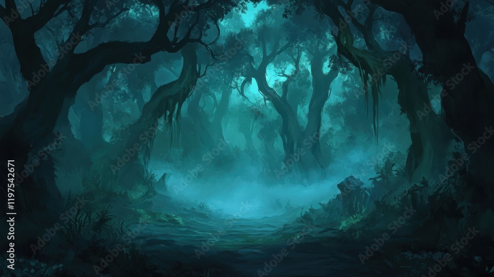 Poster mysterious enchanted forest with fog and twisted trees at night