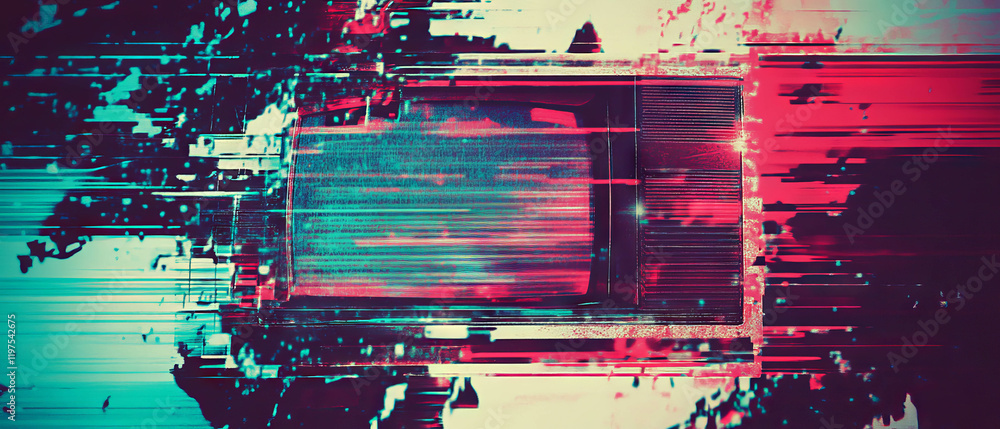 Poster visual display with glitch effect featuring digital vhs distortion and vibrant colors