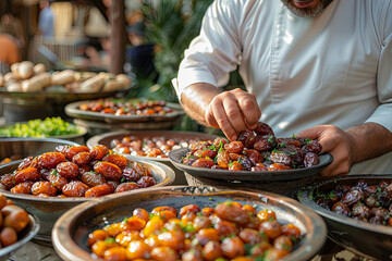 Obraz premium Man is reaching into a bowl of dates in a market