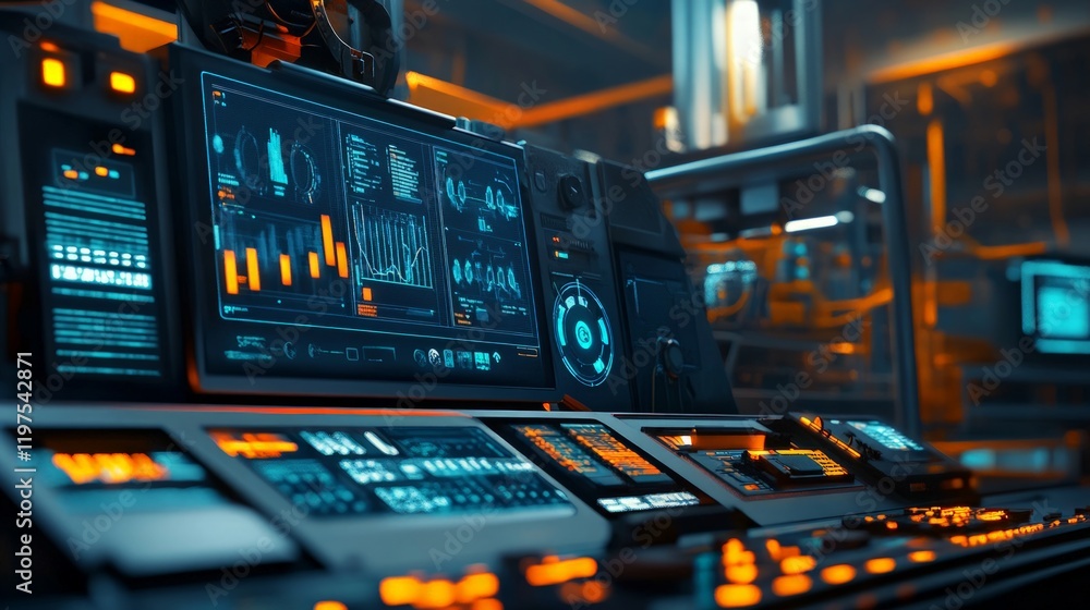 Wall mural futuristic control panel with advanced digital interfaces and displays