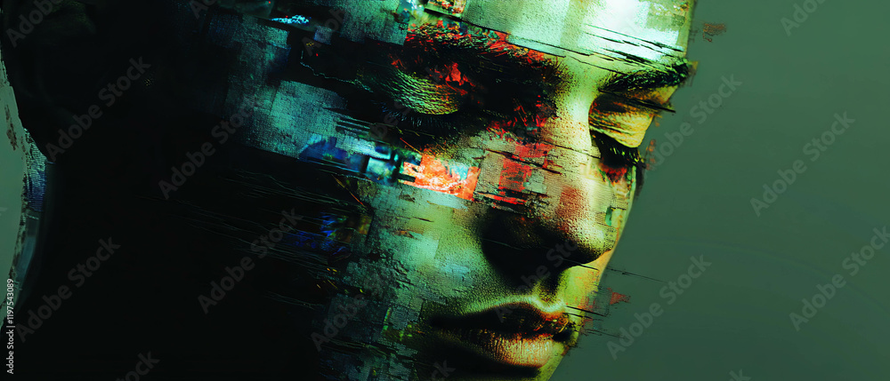 Poster distorted digital art capturing a glitch portrait with fragmented human features