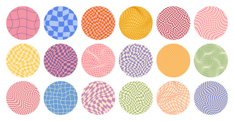 Groovy checkered pattern, round colorful tiled grid. Vintage wavy curved backdrop, distortion effect. Funky geometric chessboard texture, retro background in 90s style, y2k. Vector illustration