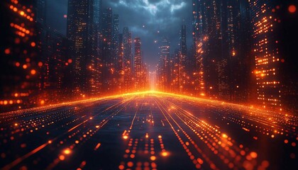 Fototapeta premium A dynamic composition of arrows in different directions, glowing circuit boards, and silhouettes running on a grid of light, Momentum Matrix