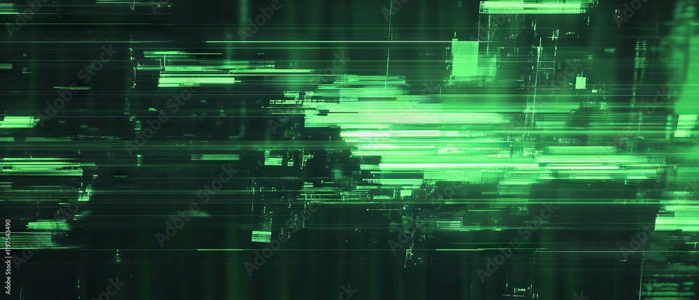 Aufkleber vibrant green glitch static noise texture with distorted digital artifacts
