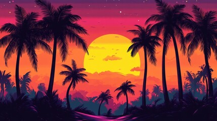 Fototapeta premium Vibrant Sunset Over Silhouetted Palm Trees in Tropical Paradise