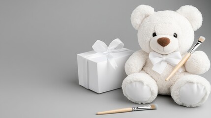 Adorable plush creature showcasing creativity while holding a paintbrush in a bright and clean studio environment