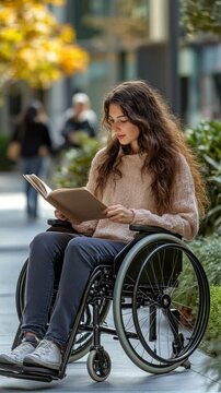 A woman in a wheelchair enjoying reading in an urban setting surrounded by nature