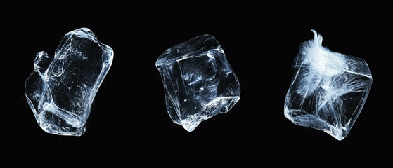 Obraz premium Ice cubes refracting light with sparkling transparency on a dark background