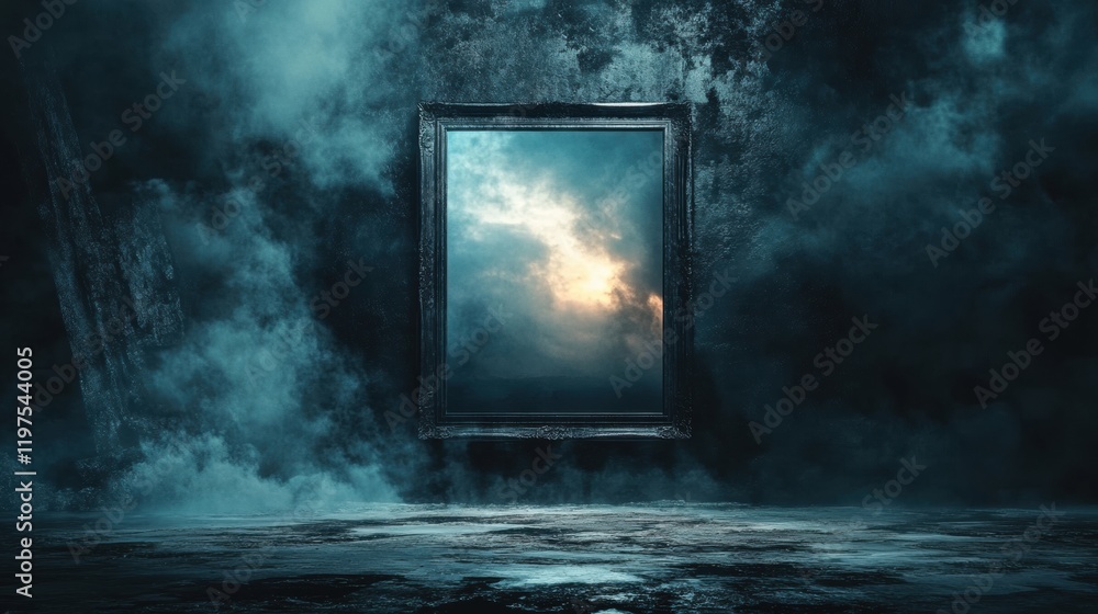 Poster mysterious mirror reflecting a serene sky with clouds in a dark, misty atmosphere perfect for creati