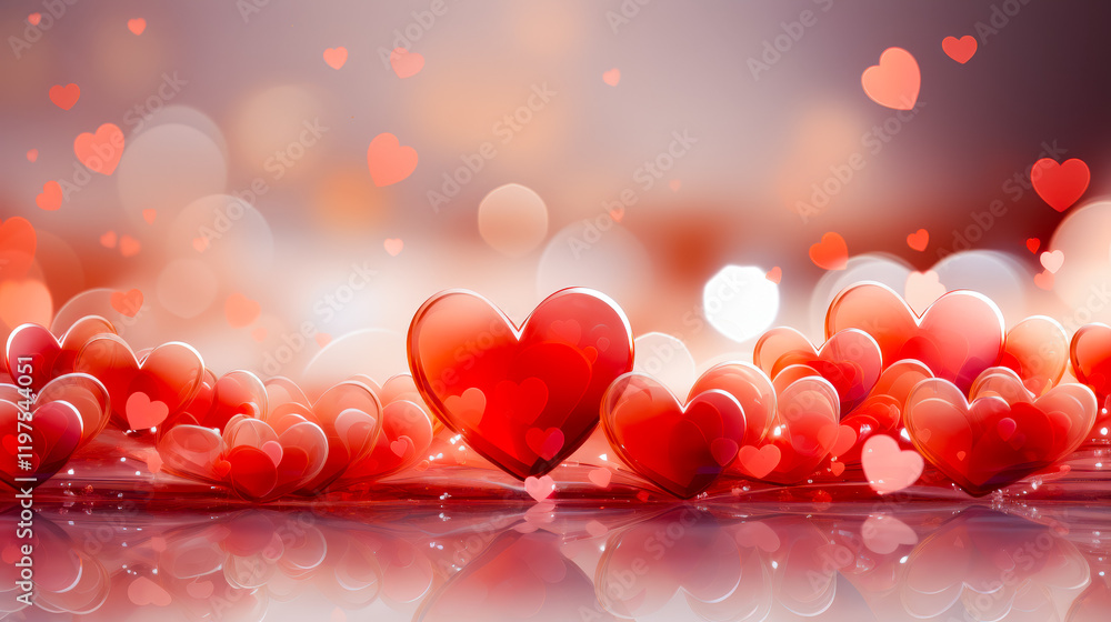 Aufkleber colorful hearts scattered across a reflective surface with a soft bokeh background during a romantic