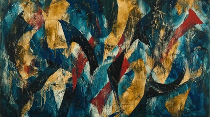 Abstract colorful painting with dynamic shapes and textures, featuring blue, gold, red, and black elements that evoke emotion and movement in modern art style