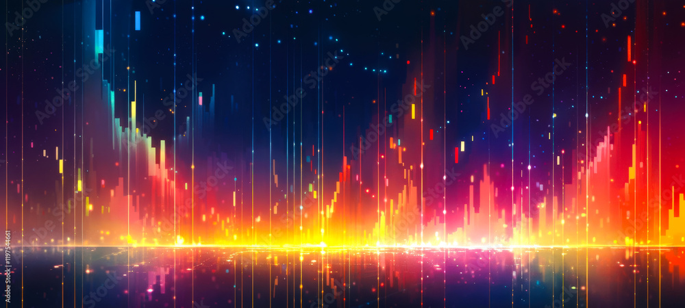Poster Vibrant abstract digital art depicting sound waves and colorful patterns in a cosmic setting