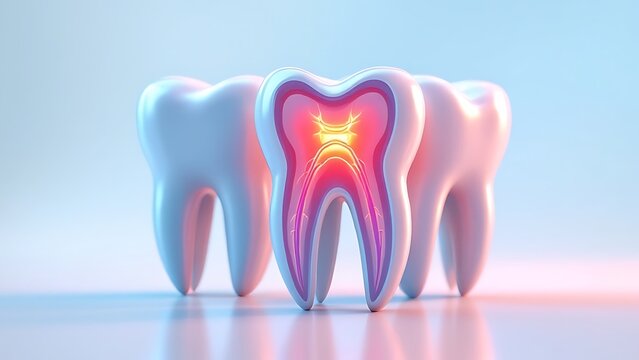 Human tooth structure. cross section. pulp with blood vessels and nerves. 3d illustration
