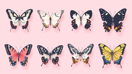 Obraz premium Colorful Butterflies and Insects Sticker Style Art in Nature - Animal Illustration for Design Projects