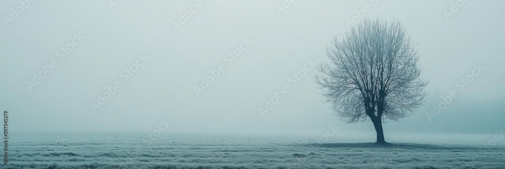 Poster Foggy landscape featuring a lone tree in empty field with clear space for text overlay and mock up design. Generative AI