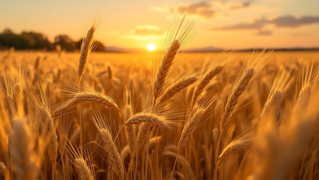 Close up view of golden wheat ears in a sunlit field during harvest season, showcasing nature's bounty.