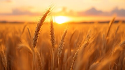 Obraz premium Close up view of golden wheat ears in a sunlit field during harvest season, showcasing nature's bounty.