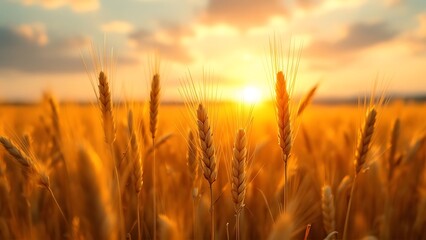 Fototapeta premium Close up view of golden wheat ears in a sunlit field during harvest season, showcasing nature's bounty.