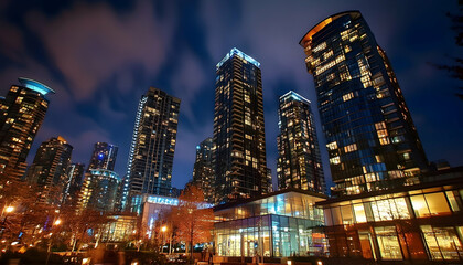 City Symphony: harmonious alignment of high-rise buildings glowing under night lights -