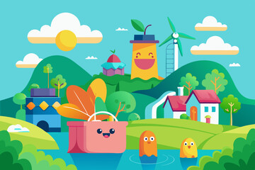 Obraz premium Cheerful Illustration of Sustainable Living with Reusable Bag, Wind Farm, and Green Countryside