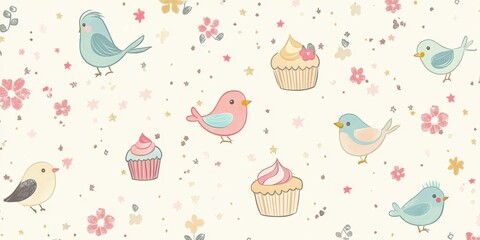 Cute birds and cupcakes seamless pattern with pastel flowers and stars