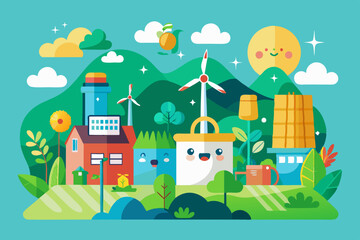 Cheerful Illustration of Sustainable Living with Reusable Bag, Wind Farm, and Green Countryside