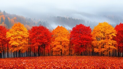 Serene mountain forest in autumn with vibrant red yellow and orange foliage carpeting the ground under a soft hazy morning light
