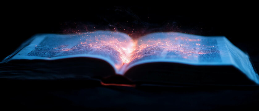 Mystical glowing pages of a magic book reveal ancient knowledge and wisdom