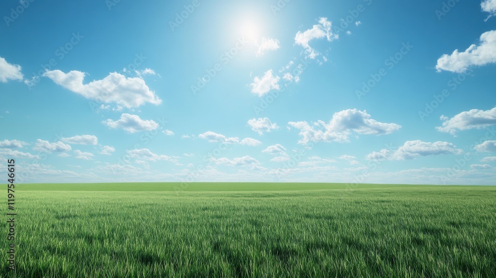 Poster vast open landscape with lush green grass under a bright blue sky with fluffy clouds. generative ai