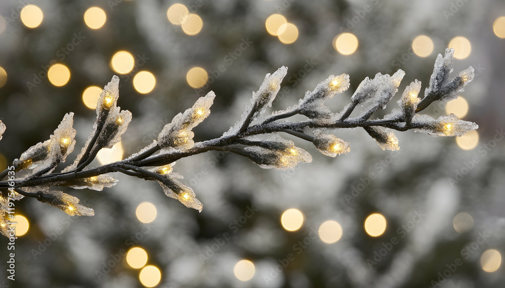 Poster close-up of a frosted evergreen branch adorned with warm string lights, set against a bokeh backgrou