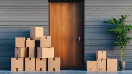 Many brown cardboard boxes stacked at the entrance of a modern home with a sleek wooden door and a decorative plant nearby