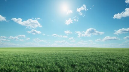 Obraz premium Vast open landscape with lush green grass under a bright blue sky with fluffy clouds. Generative AI