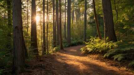 Fototapeta premium A path through a forest with sunlight shining through the trees