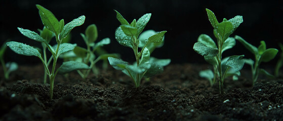 Magic earth texture revealing mystical plant growth against black background