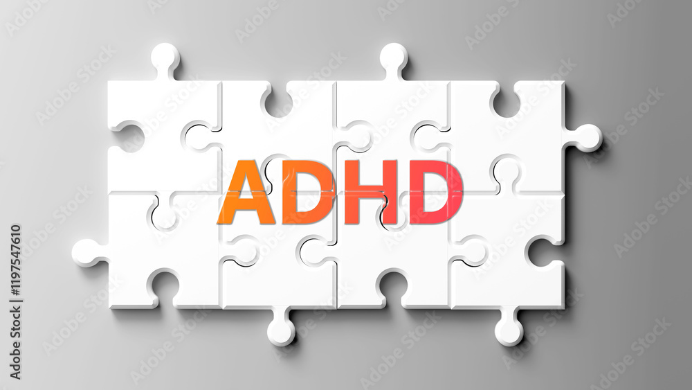 Poster adhd complex like a puzzle - pictured as word adhd on a puzzle pieces to show that adhd is complex a