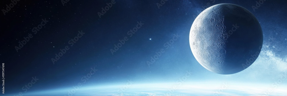 Poster celestial view of the moon rising above the earth with vast space showcasing the beauty of the unive