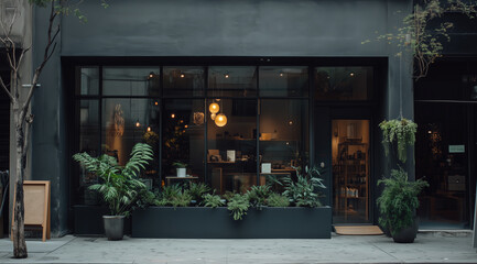 Mockup storefront, shop facade and window. Template for storefront window, classic boutique design. Empty window, retail front, store facade, traditional storefront style. Realistic style photo