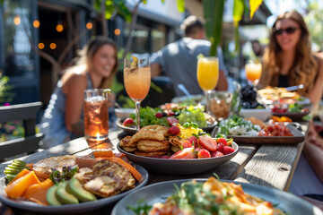 Fototapeta premium A table full of food and drinks with a group of people sitting around it