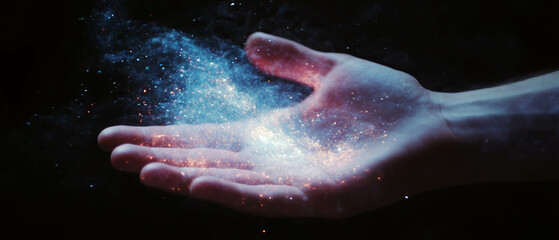 Fototapeta premium Mystical hand casting a spell with glowing energy in a dark setting