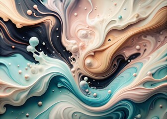 Banner, flyer. Abstract, dreamy, watercolor background with waves, streaks, liquid streams of pink, blue and black, and pearls.